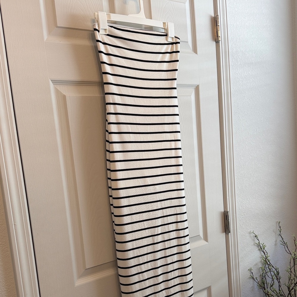 See You Monday | striped strapless ribbed maxi dress